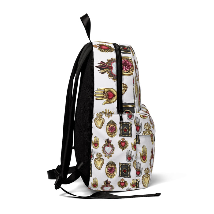 Sacred hearts Backpack for her. Back to school 2023 with this Mexican book bag. Golden, white, black and red backpack with holy hearts. - CEMCUI