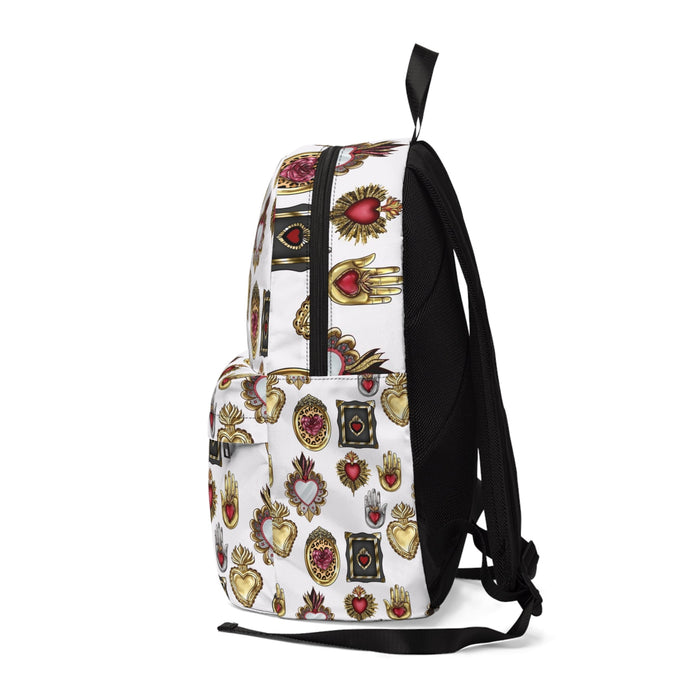 Sacred hearts Backpack for her. Back to school 2023 with this Mexican book bag. Golden, white, black and red backpack with holy hearts. - CEMCUI