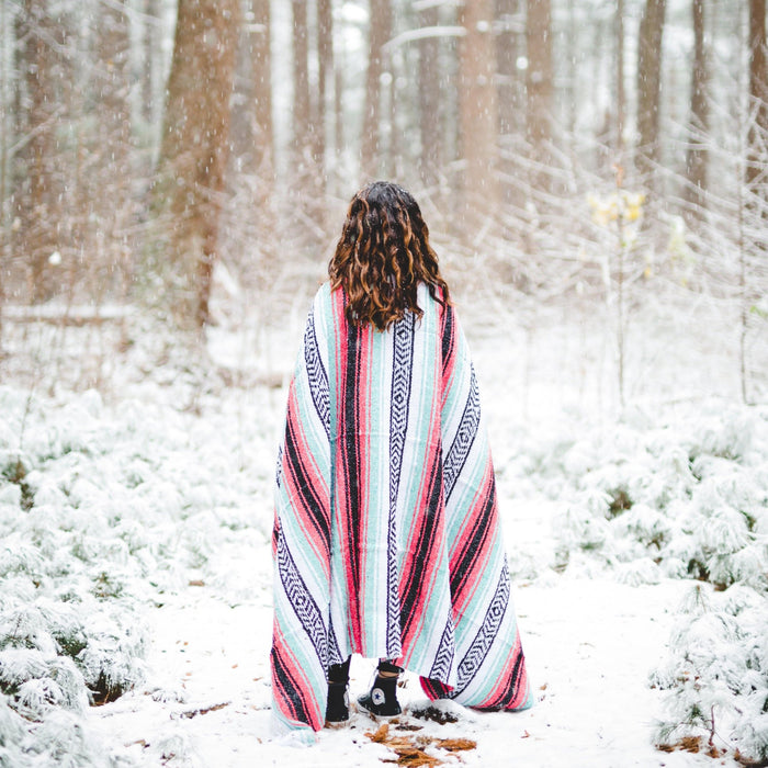 Seafoam Green & Coral Mexican Falsa Blanket - CEMCUI