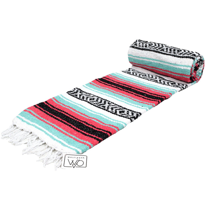 Seafoam Green & Coral Mexican Falsa Blanket - CEMCUI