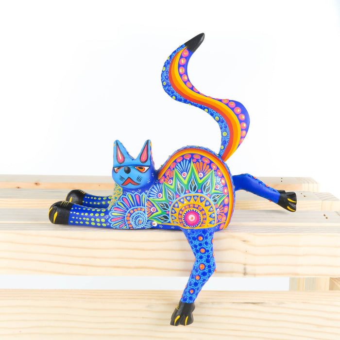 Shelf Sitting Cat (Blue) - Oaxacan Alebrije Wood Carving - CEMCUI