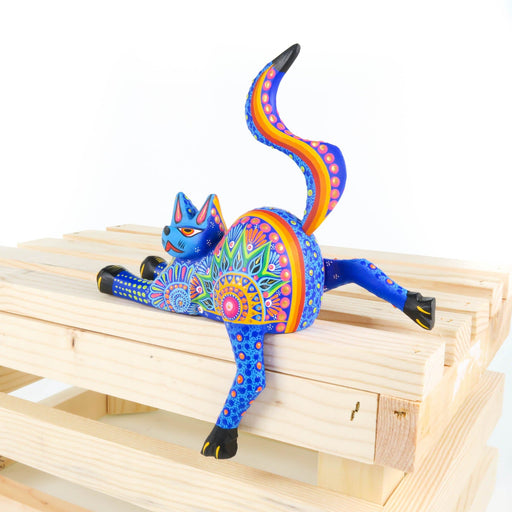 Shelf Sitting Cat (Blue) - Oaxacan Alebrije Wood Carving - CEMCUI