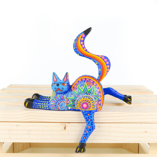 Shelf Sitting Cat (Blue) - Oaxacan Alebrije Wood Carving - CEMCUI