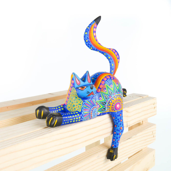 Shelf Sitting Cat (Blue) - Oaxacan Alebrije Wood Carving - CEMCUI