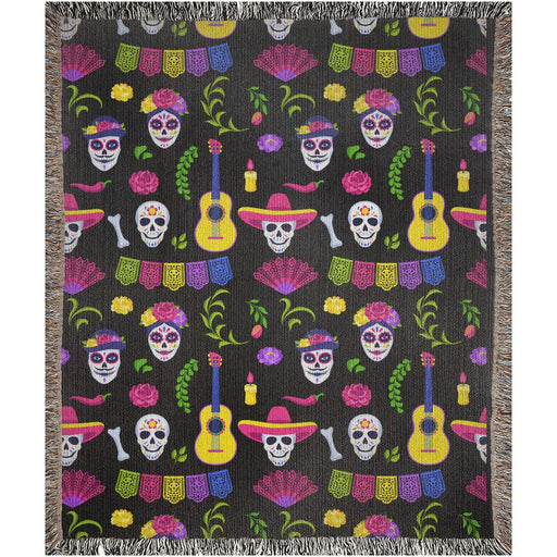 Skull fiesta Woven Blanket. Catrin and catrina head art. Mexican blanket. Mexican folklore art - CEMCUI