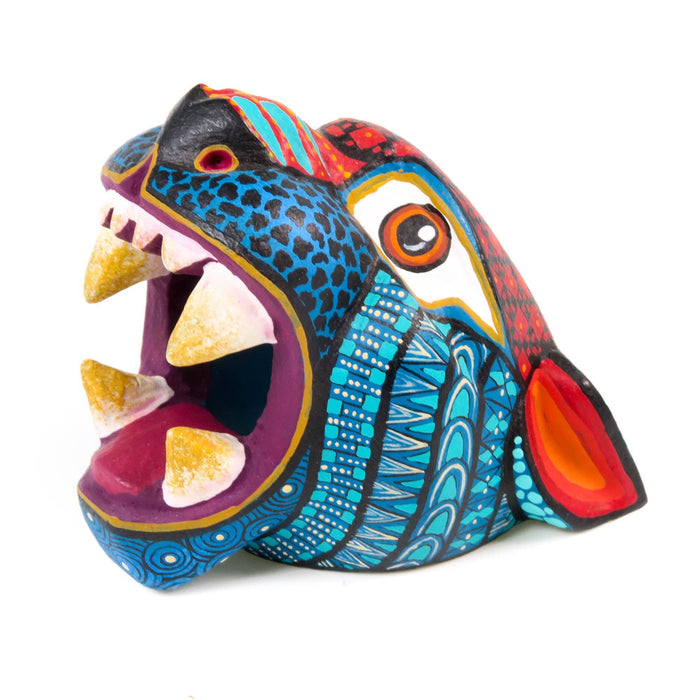 Small Jaguar Head (Blue) - Oaxacan Alebrije Wood Carving - CEMCUI