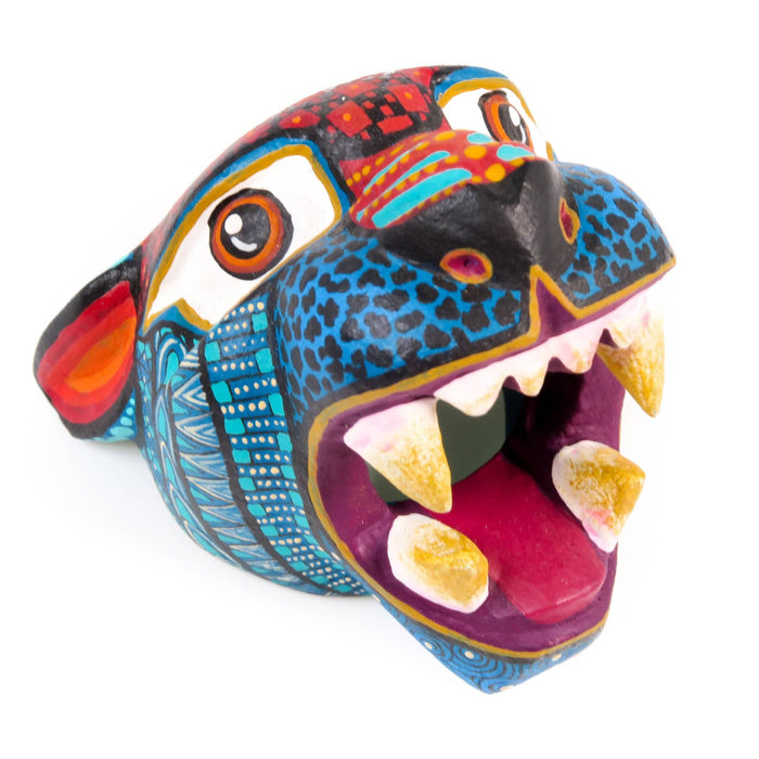 Small Jaguar Head (Blue) - Oaxacan Alebrije Wood Carving - CEMCUI