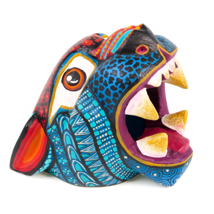 Small Jaguar Head (Blue) - Oaxacan Alebrije Wood Carving - CEMCUI