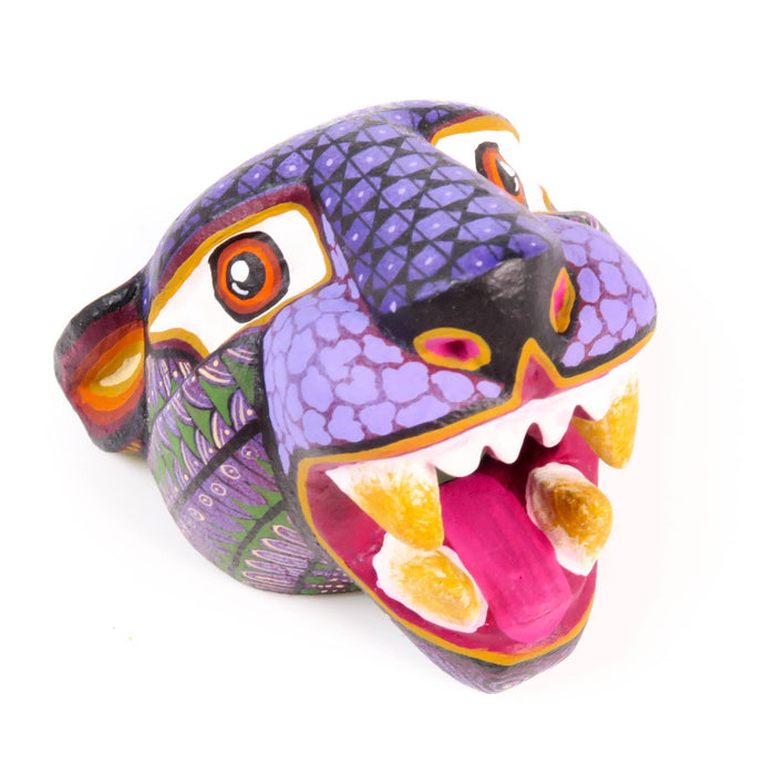 Small Jaguar Head (Purple) - Oaxacan Alebrije Wood Carving - CEMCUI