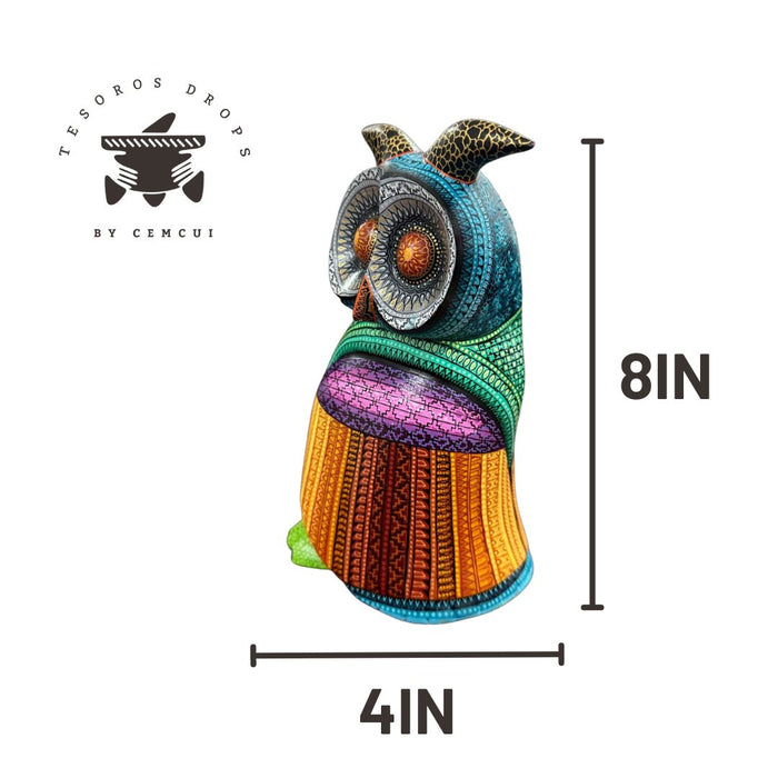 SOLD Artisanal Wooden Owl "Buho" Alebrije Margarito Melchor’s Artisanal Wooden Owl - Unique Piece - Handcrafted and Vibrantly Handpainted, Unique Mexican Folk Art - CEMCUI