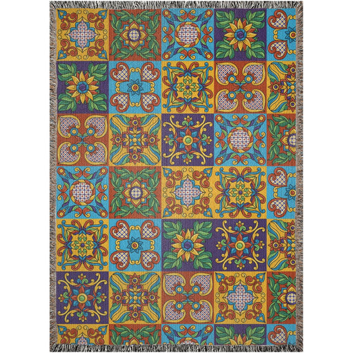 Talavera Tile Woven Blanket. Colorful Talavera Blanket. Flowers Bedding. Plant Blanket. Blanket Tapestry. Talavera home deco. Floral - CEMCUI