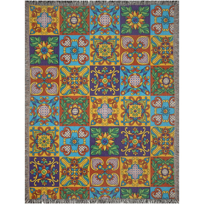 Talavera Tile Woven Blanket. Colorful Talavera Blanket. Flowers Bedding. Plant Blanket. Blanket Tapestry. Talavera home deco. Floral - CEMCUI