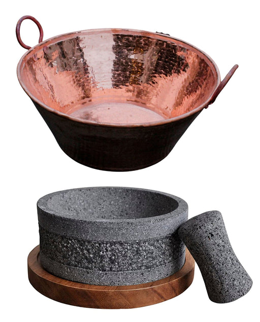 "Yolia Copper Elegance" - Handmade 8 Inch Volcanic Stone Molcajete and 9 - Liter Hammered Copper Pot Bundle - CEMCUI