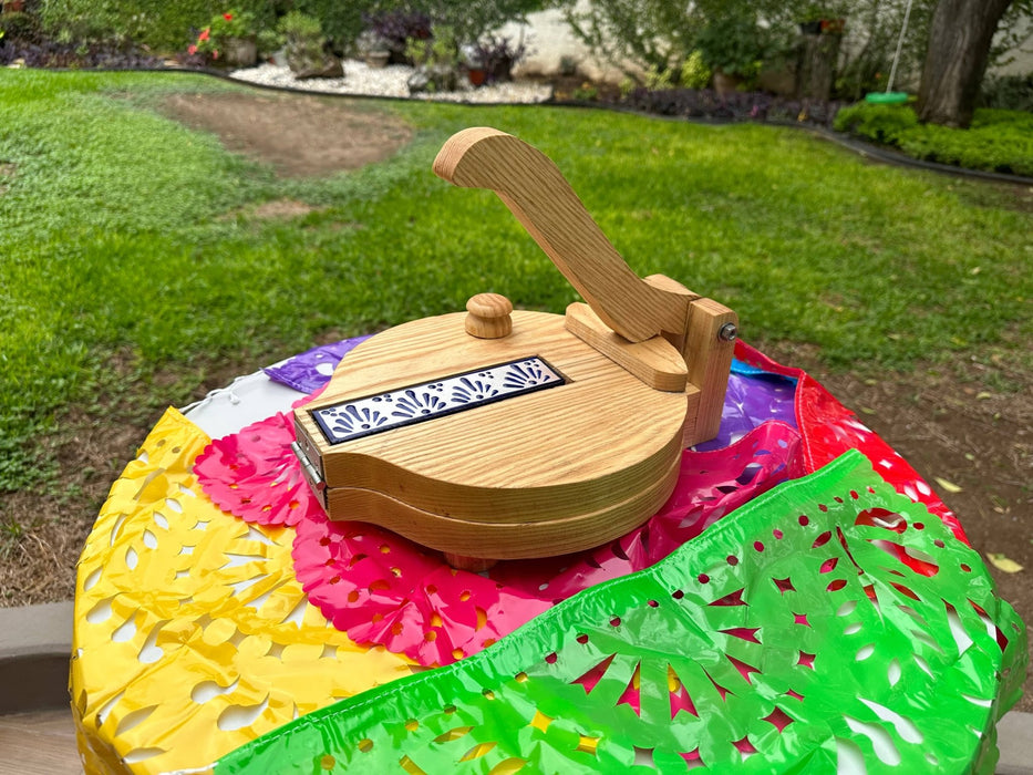 Craft by Order - Fresno Wood Tortilla Press with Talavera Detailing - 10 inches (Prensa para Tortillas) - CEMCUI