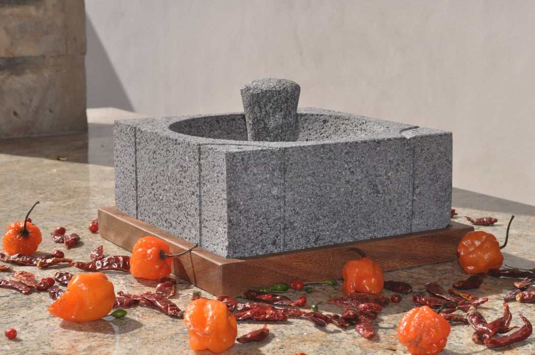 Volcanic Stone Molcajete "Nahui" Squared 7.9 Inches with wooden squared - CEMCUI